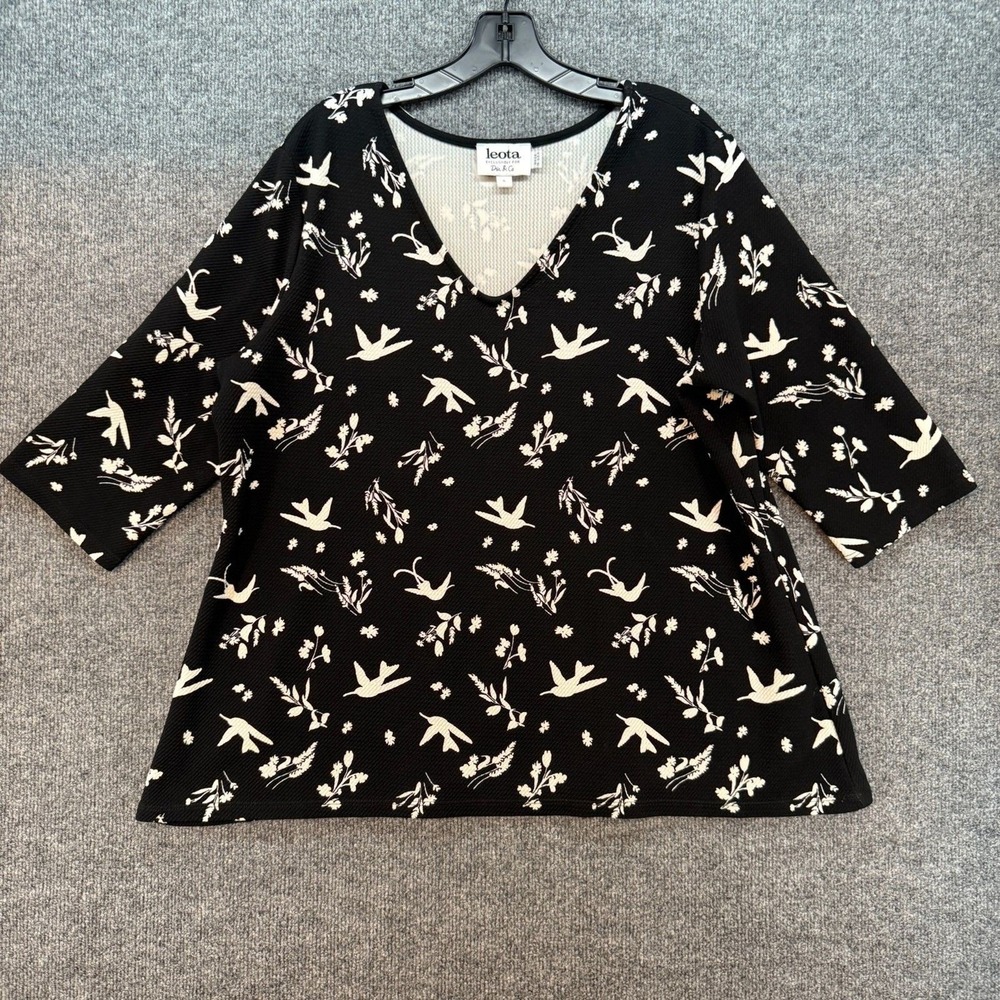 Leota Dia & Co Blouse Top Womens 1X Black Bird‎ Print V-Neck Bell Sleeve Causal